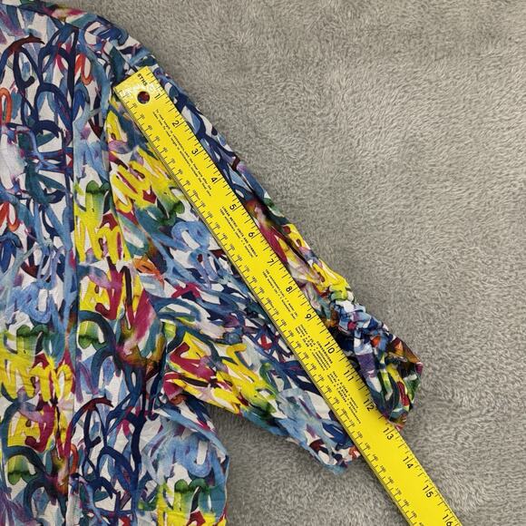 SNOSKINS Top Womens XL Blue Stretch Tie Hem V- Neck Elbow Sleeve Art to Wear - Picture 12 of 13